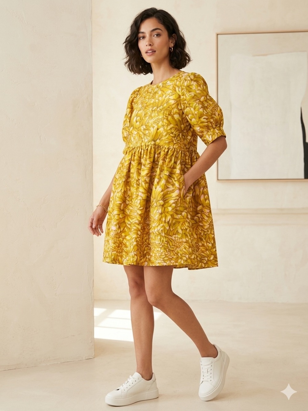 Kika Vargas Yellow Floral Puff-Sleeve Mini Dress